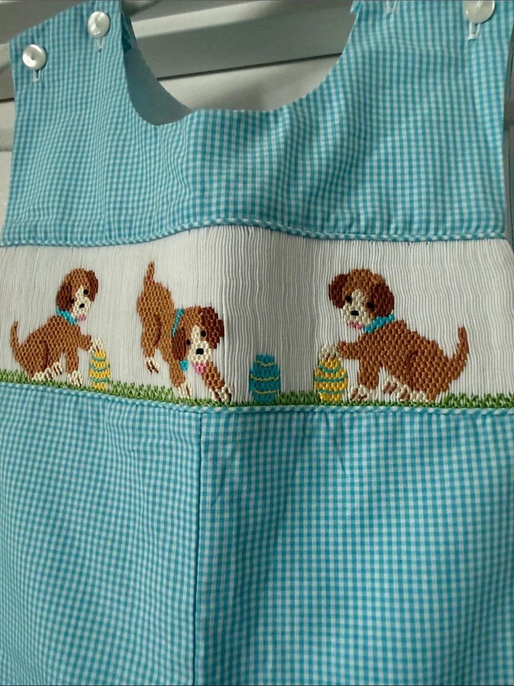 Blue Gingham Kids One-Piece Romper with Puppy Smocking